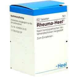 Weiße Schachtel mit blauer Oberseite, enthält 50 Rheuma-Heel Tabletten.
