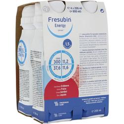 Vier Flaschen Fresubin Energy Drink mit Erdbeergeschmack in einer Pappverpackung.