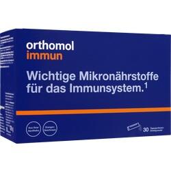 Blaue Verpackung von Orthomol Immun mit Vitaminpulver für das Immunsystem.