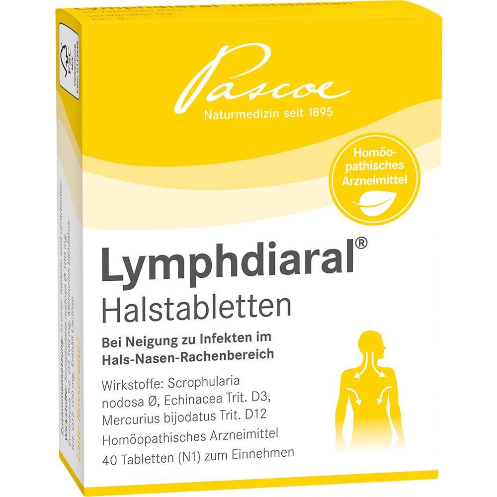 Gelbe Packung von Lymphdiaral Halstabletten zur Behandlung von Hals-Nasen-Rachen-Infekten.