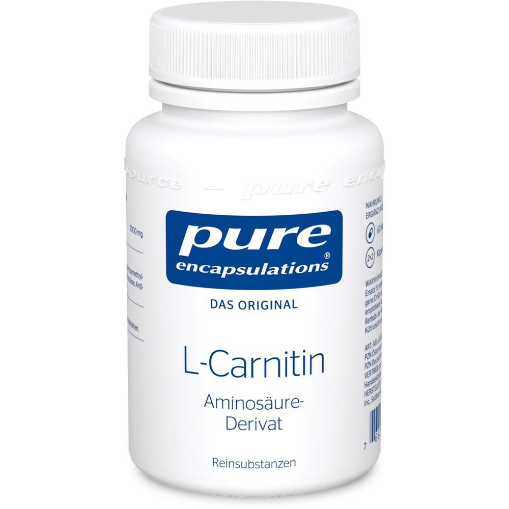 Weißes Fläschchen mit blauer Aufschrift "pure encapsulations L-Carnitin".
