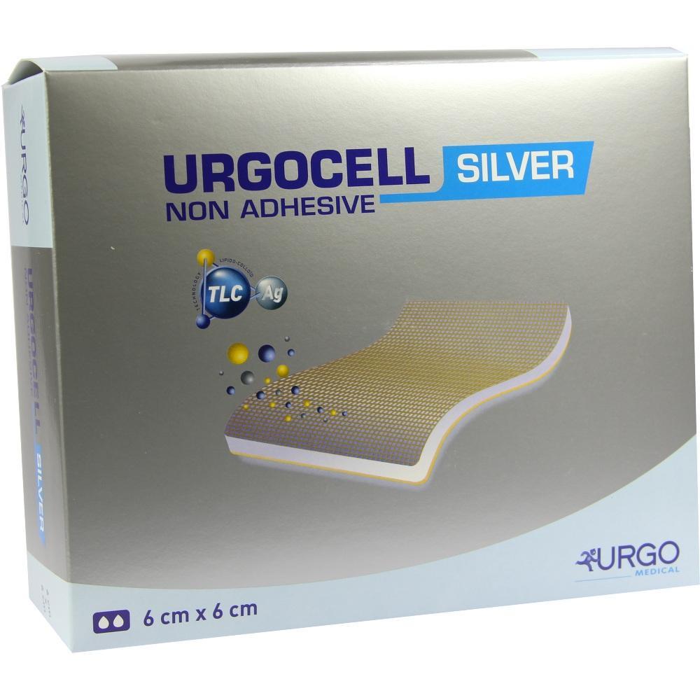 Verpackung einer silbernen, nicht haftenden Wundauflage von Urgocell, Größe 6 x 6 cm.