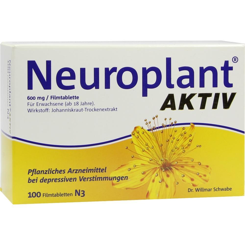 Verpackung von "Neuroplant AKTIV" mit Johanniskraut für Erwachsene zur Stimmungsverbesserung.