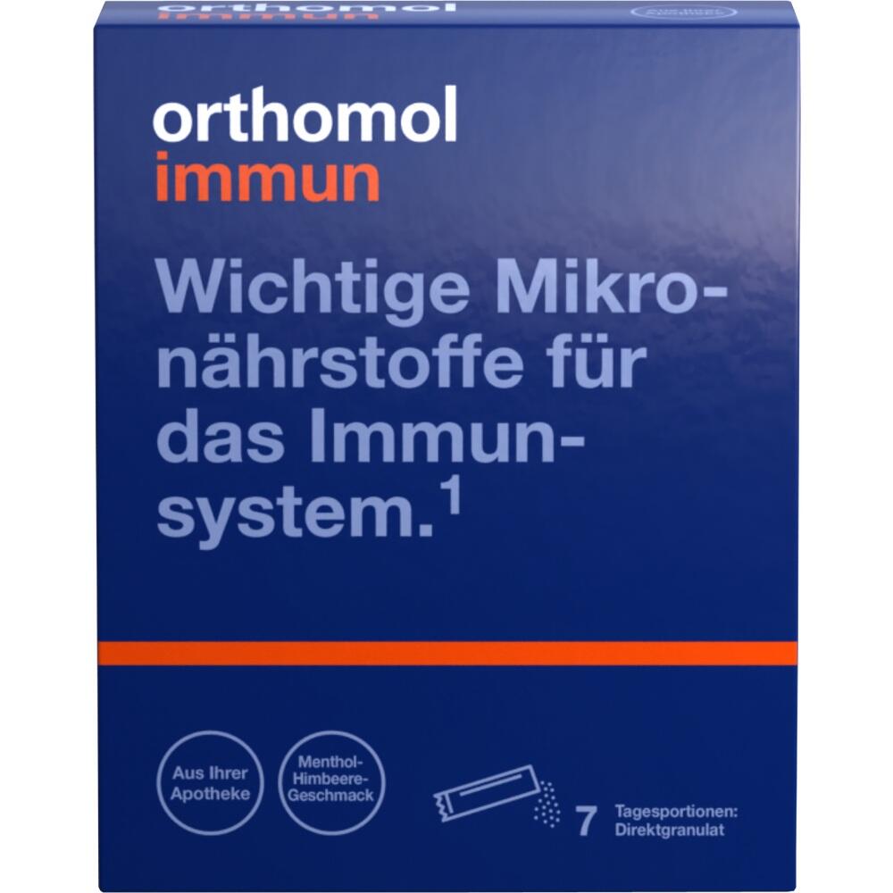Eine blaue Packung Nahrungsergänzungsmittel für das Immunsystem mit Menthol-Himbeer-Geschmack.