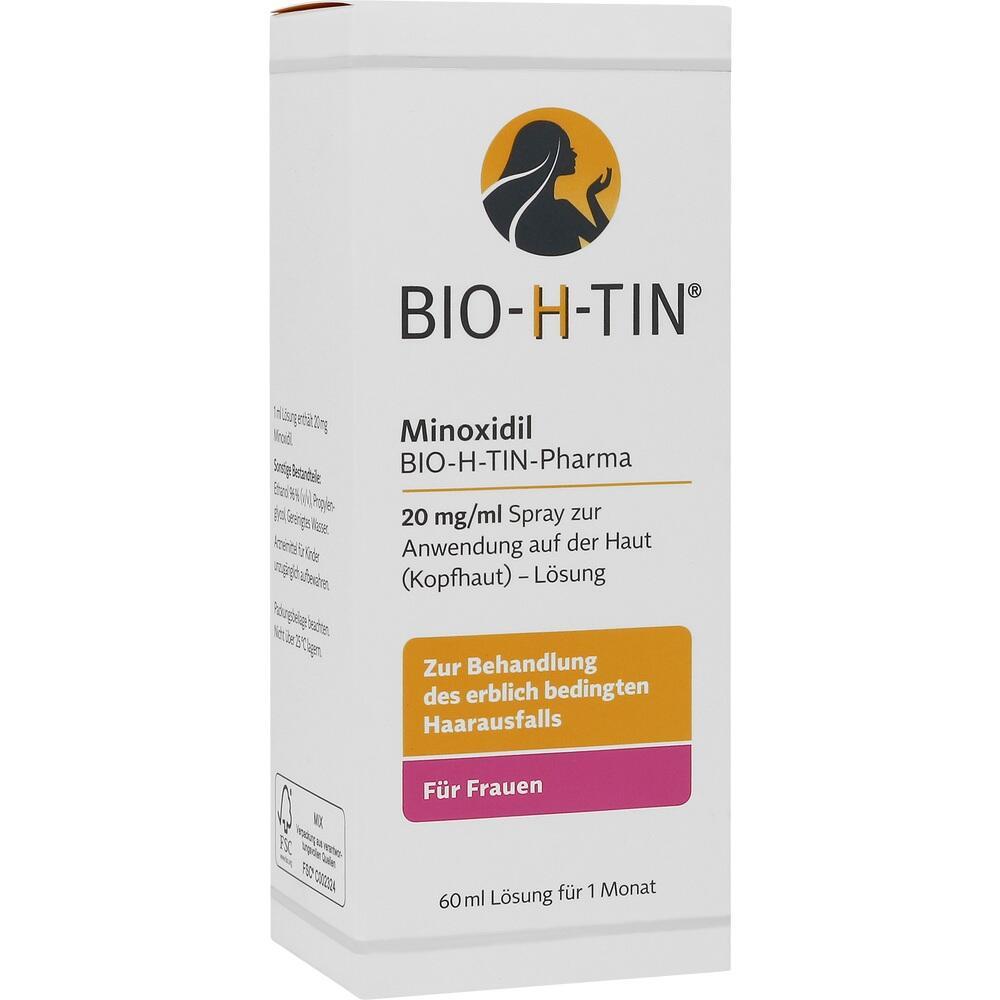 Eine Schachtel Bio-H-Tin Minoxidil Spray für Frauen gegen Haarausfall.